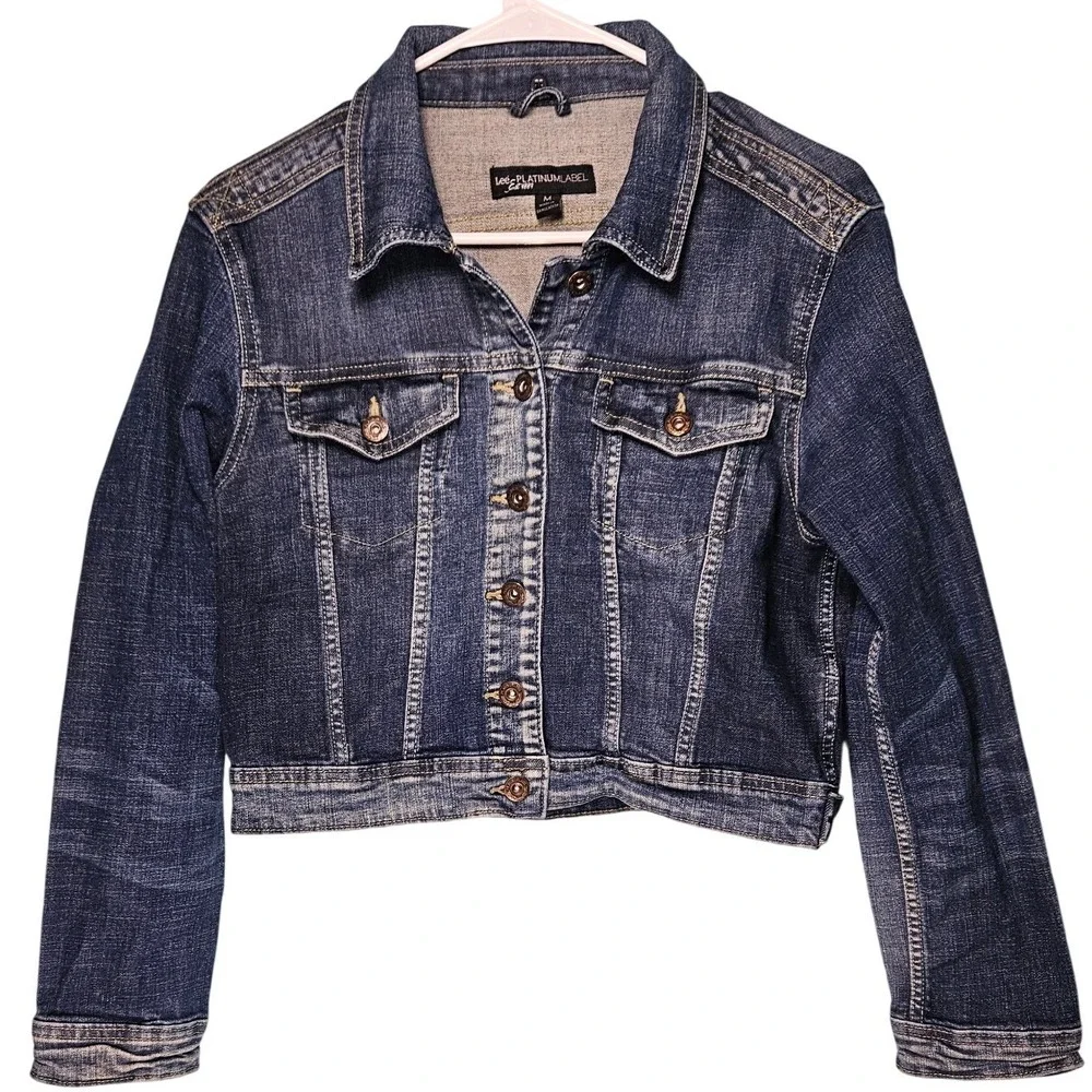 Lee Platinum Label Womens Dark Wash Cropped‎ Denim Trucker Jacket Blue Size M